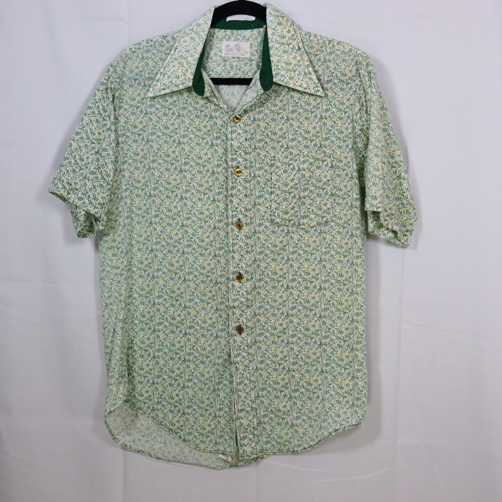 Double‎ Exposure Button Down Shirt Mens 15.5 Green Yellow Leaf Print Vintage 70s